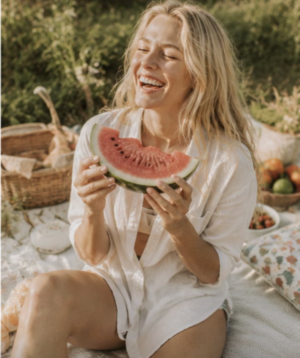 A woman laughing in golden sunlight at a picnic, holding a slice of watermelon